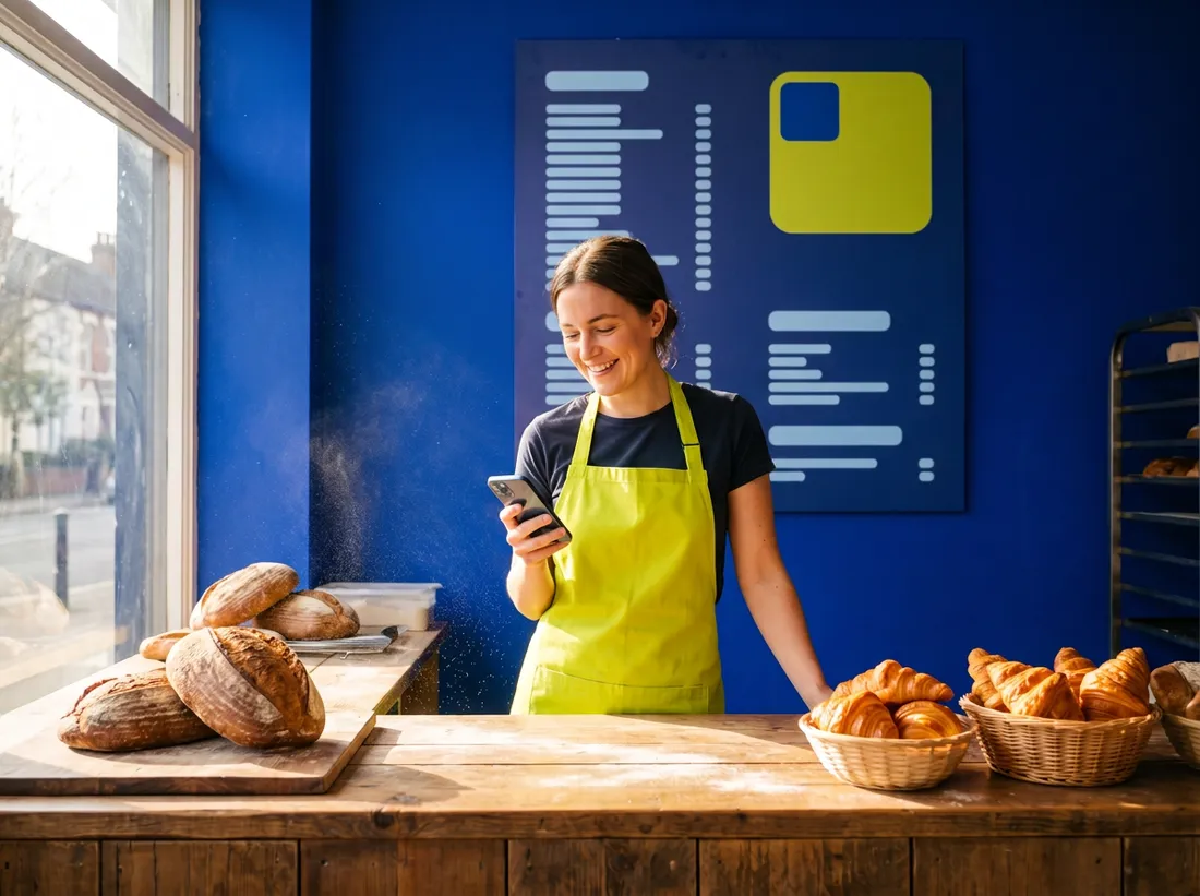 A baker in a lime apron updates the page on her phone while the printed menu board behind her stays the same