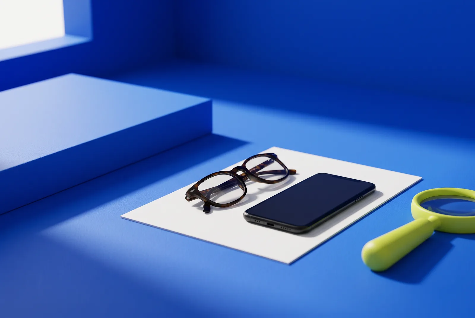 Reading glasses resting on a large blank card beside a phone and a lime-green magnifier on cobalt blue, a still life about accessible QR codes.