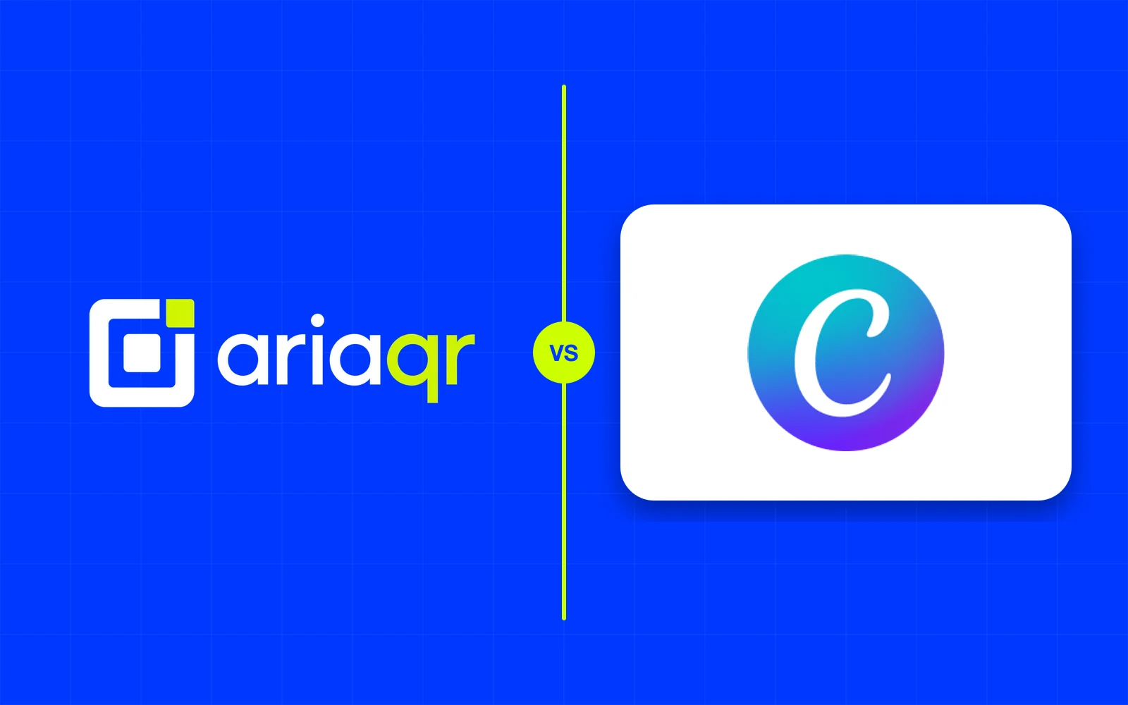 The AriaQR logo and the Canva logo side by side on cobalt, separated by a lime line.