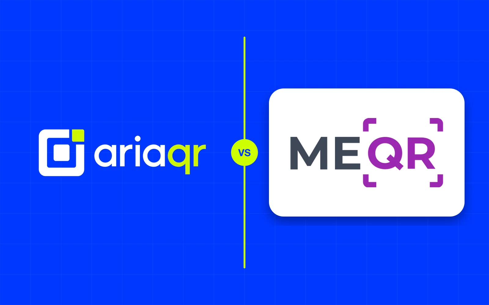 The AriaQR logo and the ME-QR logo side by side on cobalt, separated by a lime line.
