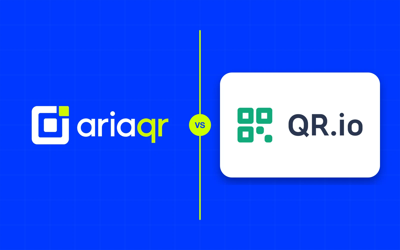 The AriaQR logo and the QR.io logo side by side on cobalt, separated by a lime line.