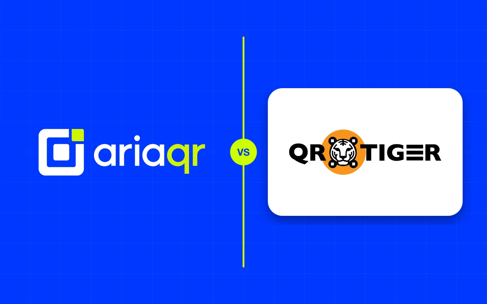 The AriaQR logo and the QR TIGER logo side by side on cobalt, separated by a lime line.