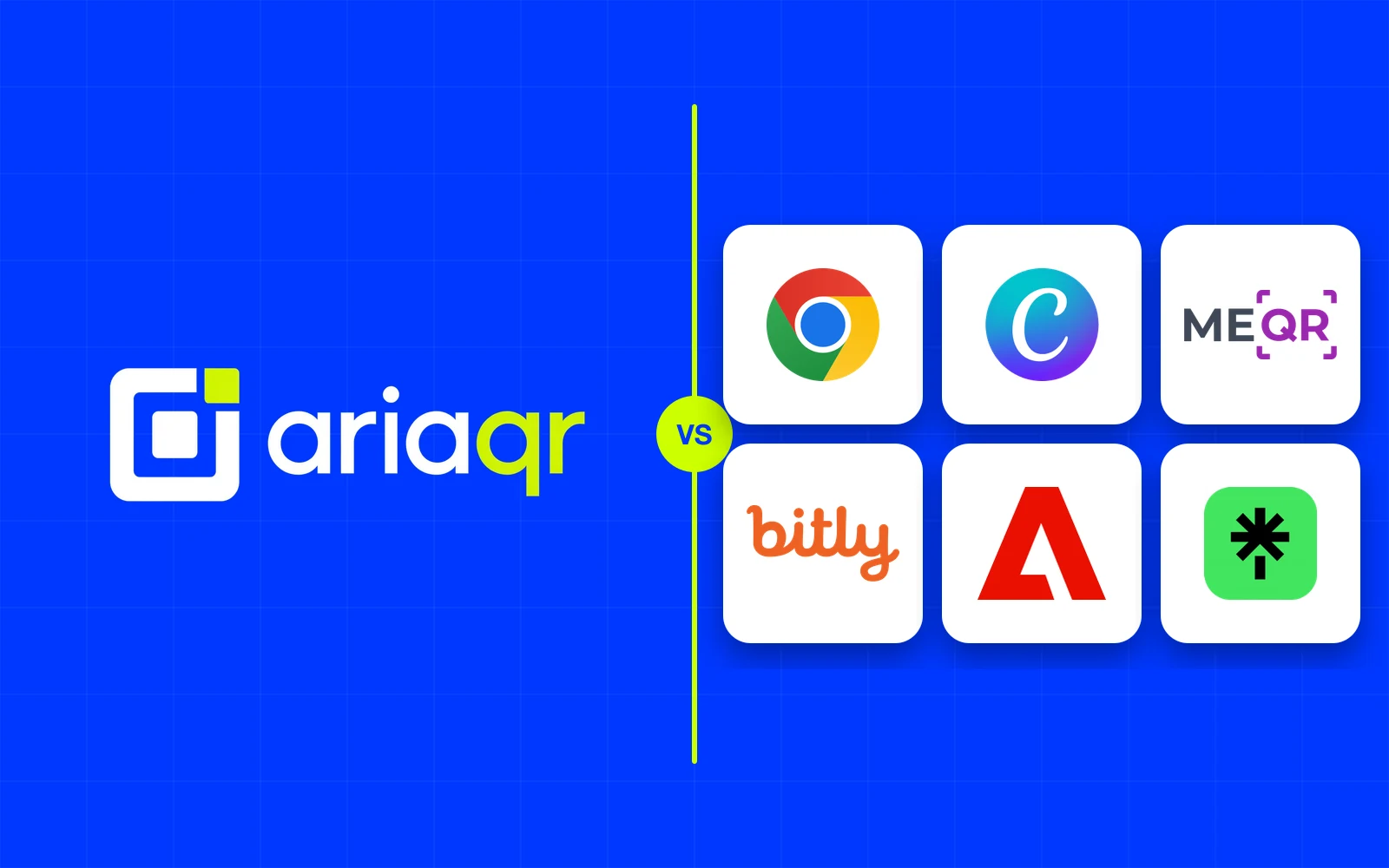 The AriaQR logo beside a grid of six competitor logos (Chrome, Canva, ME-QR, Bitly, Adobe and Linktree) on cobalt, separated by a lime line.