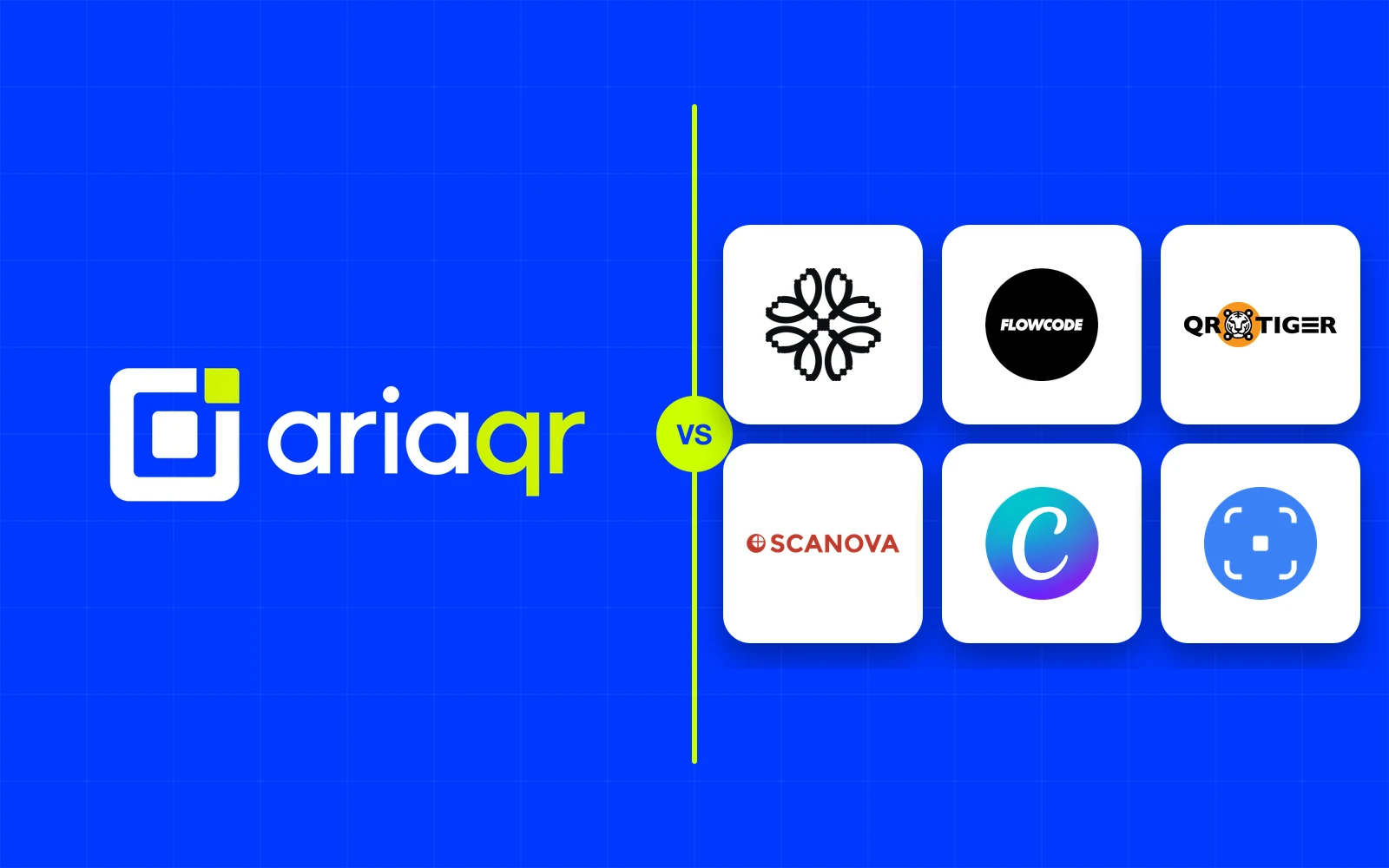 The AriaQR logo beside a grid of six competitor logos (Uniqode, Flowcode, QR TIGER, Scanova, Canva and Hovercode) on cobalt, separated by a lime line.