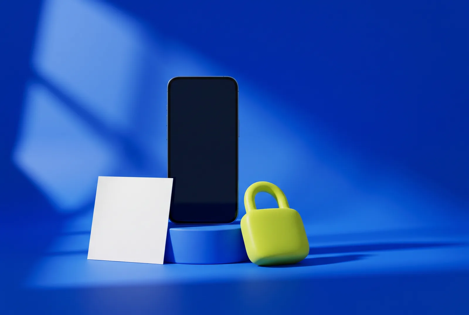 A phone on a stand beside a lime-green padlock and a blank white card on cobalt blue, a still life about why a branded QR code feels safer to scan.