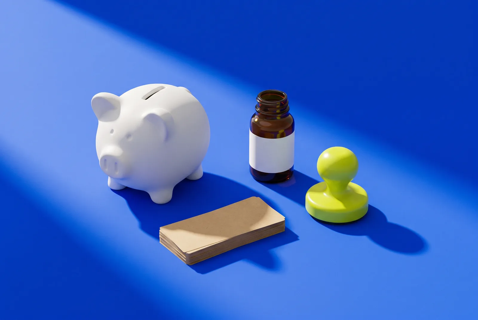 A white piggy bank, kraft labels, an amber bottle and a lime stamp on a cobalt blue backdrop, the small-business kit for branded QR codes on a budget.