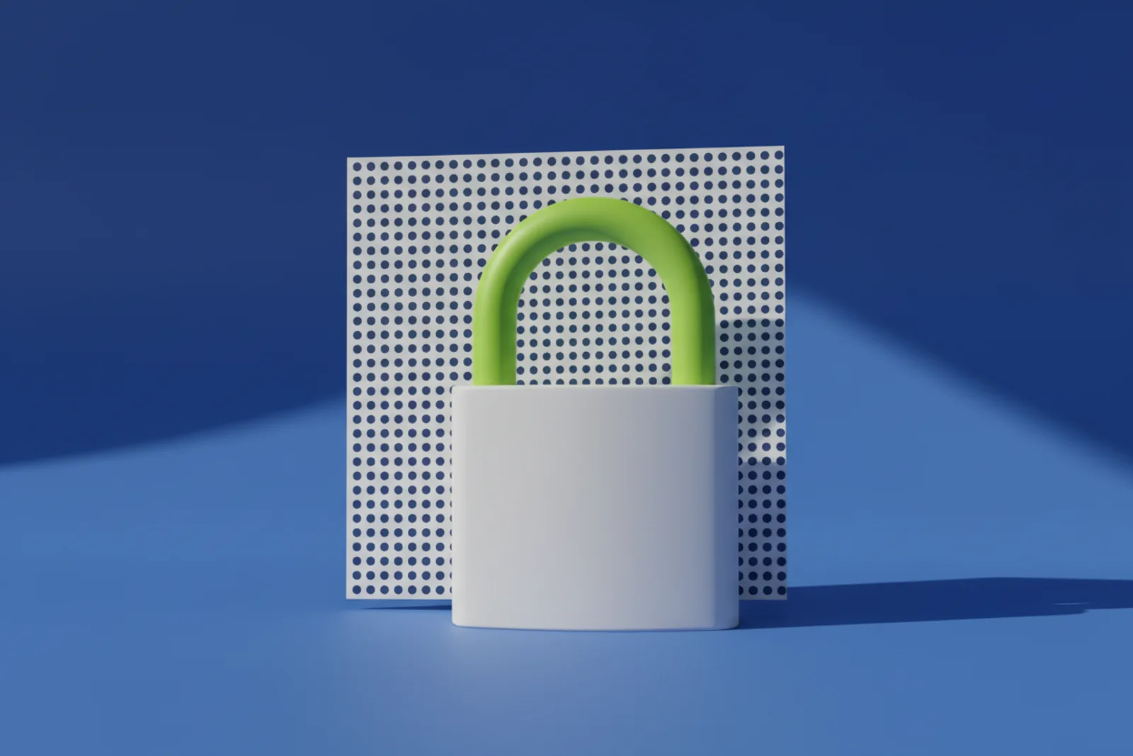 A white padlock with a lime green shackle standing on a blue studio floor in front of a square card covered in a grid of navy dots.
