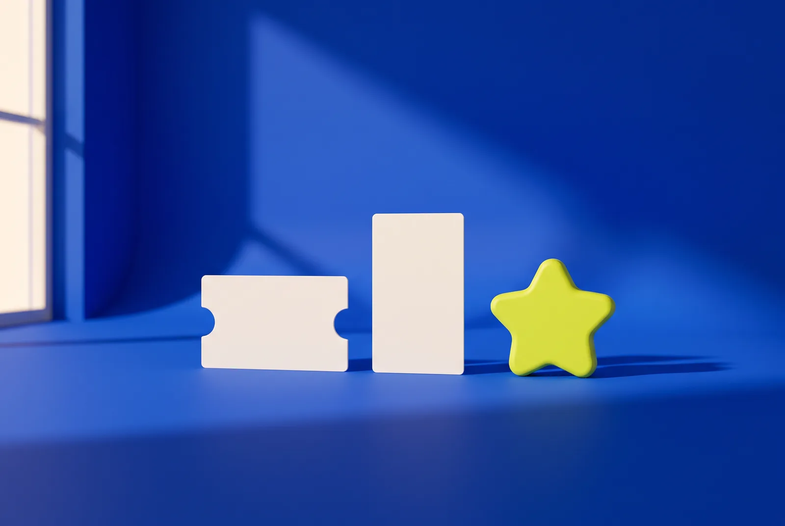 A white coupon card, a white stamp card and a lime star token on a cobalt blue backdrop, standing for the three QR codes for small shops: coupons, loyalty and reviews.