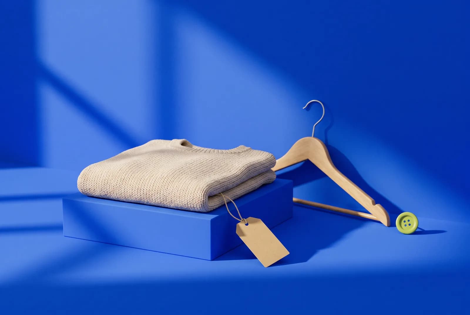 A folded knit sweater on a blue plinth with a blank kraft hang tag and a lime button, waiting for a fashion QR code.