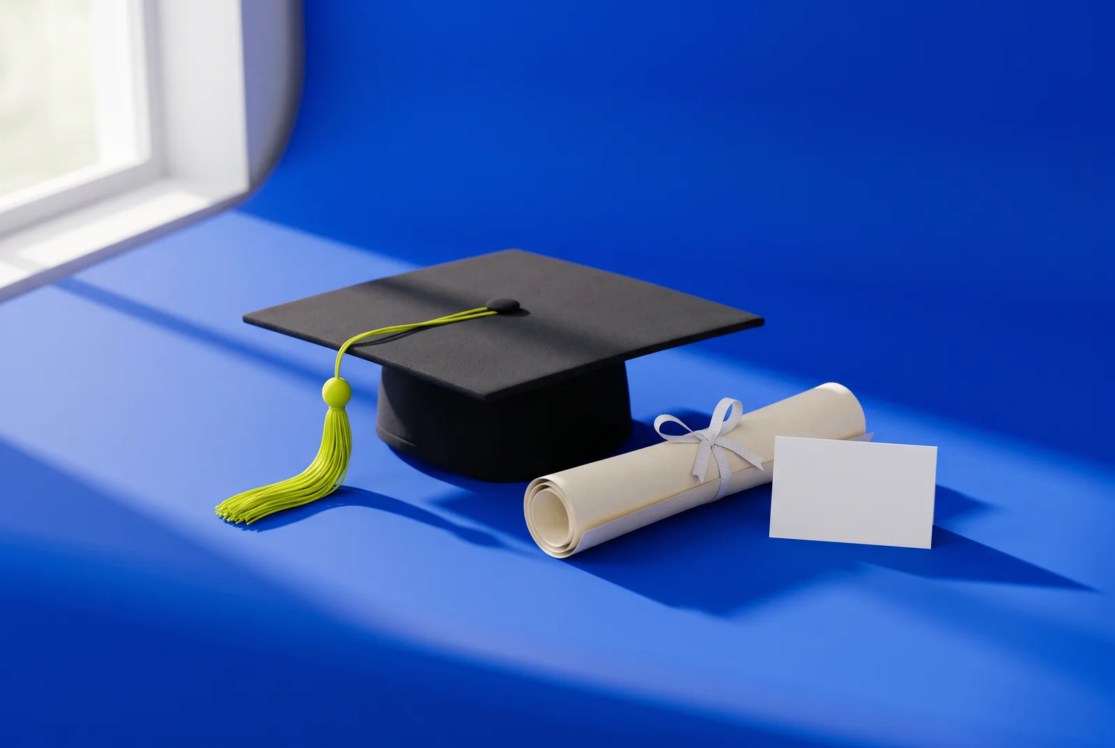 Graduation QR code keepsakes: a black mortarboard with a lime tassel, a rolled diploma tied with ribbon and a blank card on a cobalt blue backdrop.