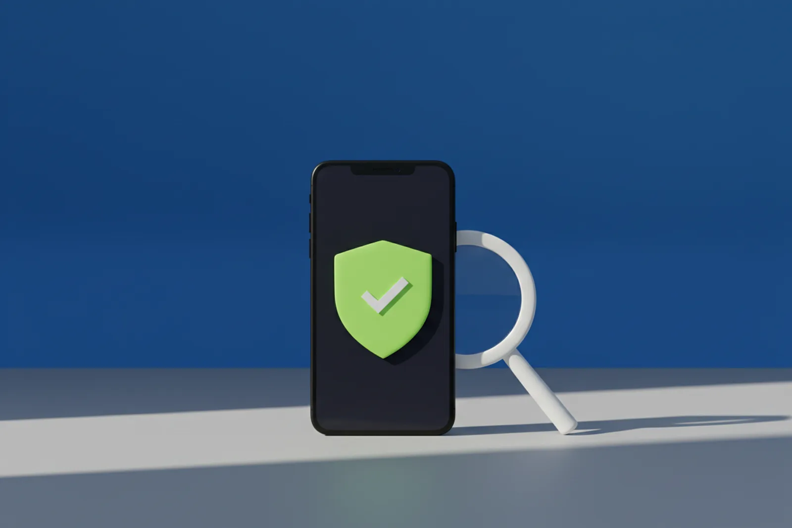 A phone standing upright on a blue studio floor, its screen showing a green shield with a check mark, with a white magnifying glass leaning against it.