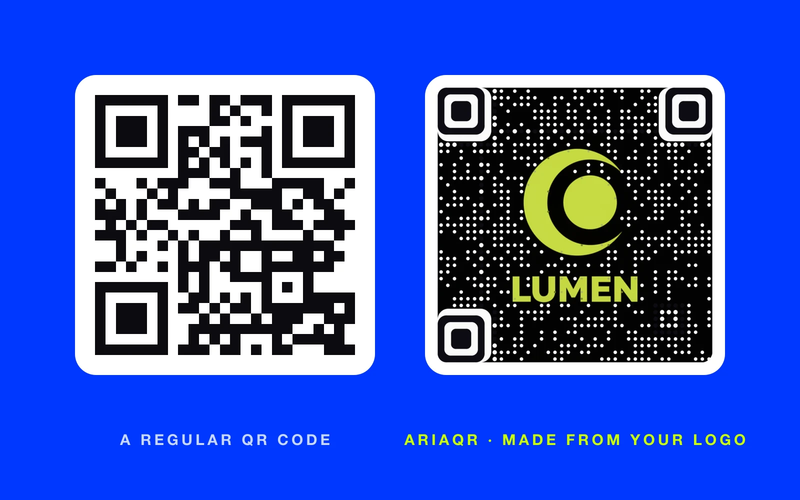 A regular black-and-white QR code next to an AriaQR code made from the lime-on-black Lumen logo, both on white cards against a blue background.