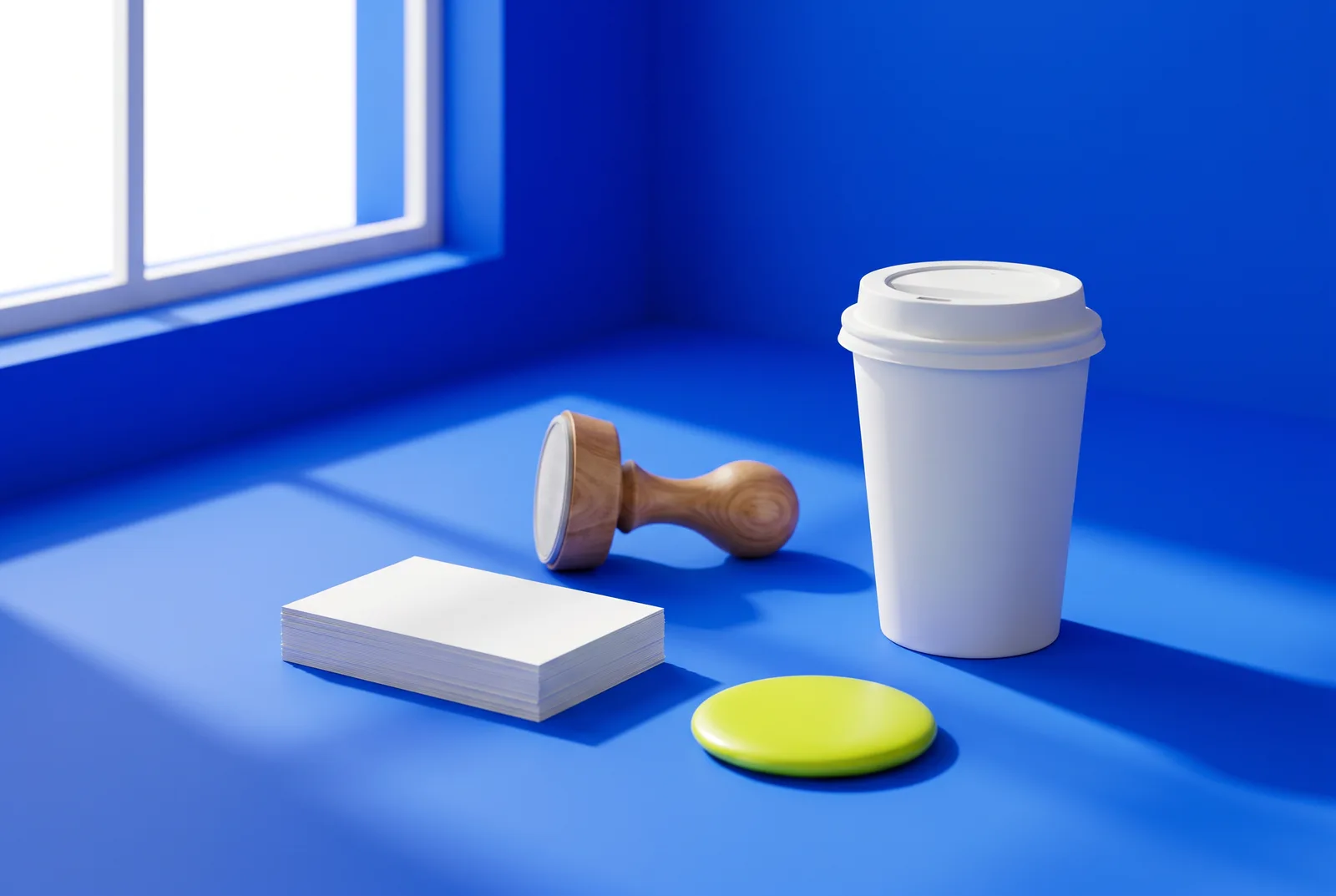 Your logo as a QR code starts with the brand basics: blank business cards, a rubber stamp and a coffee cup on cobalt blue, with a lime badge.