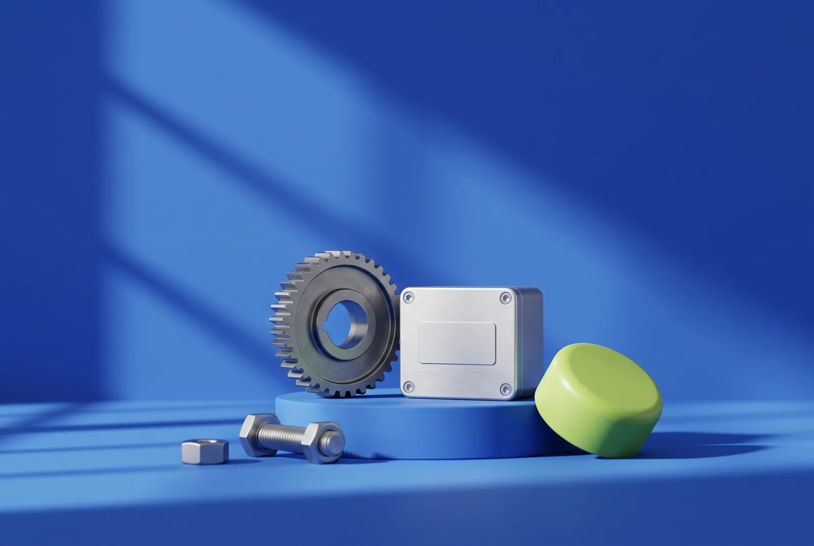 Manufacturing QR codes: a steel gear, a bolt and nut, an aluminum housing with a blank label plate and a lime spare part on a cobalt blue stage.
