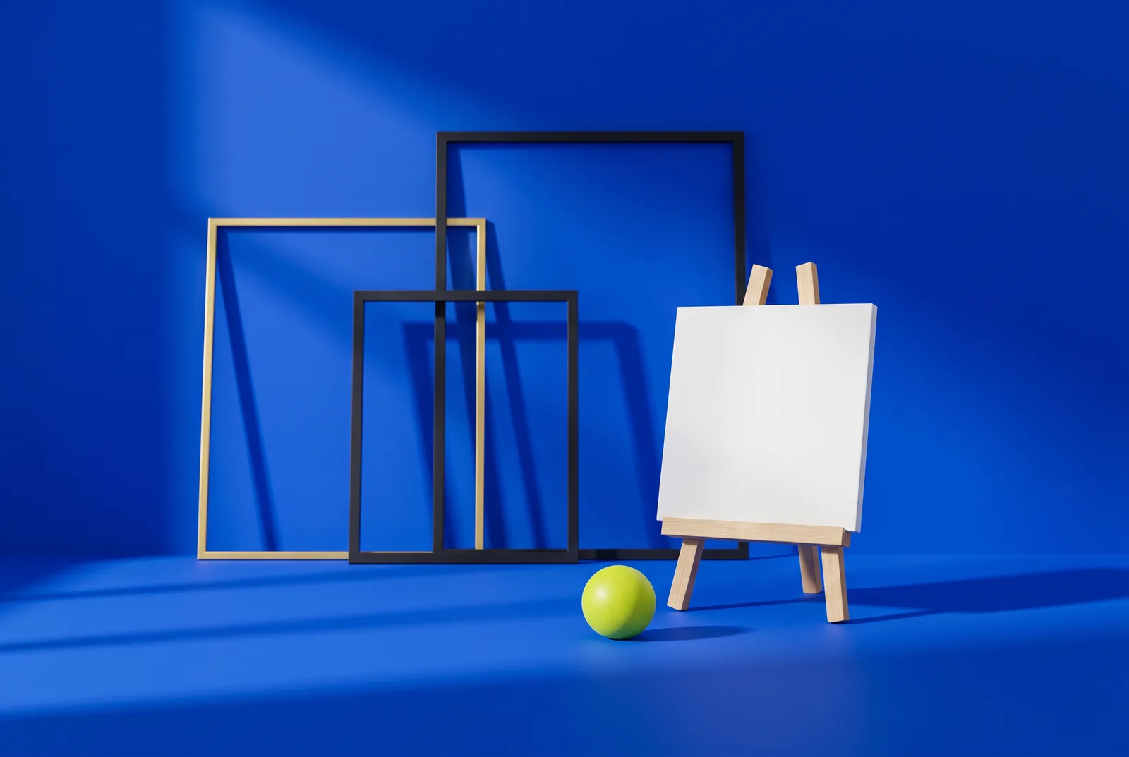 Beautiful QR codes need a frame: three empty wood and black frames and a blank canvas on an easel against cobalt blue, with a lime sphere.