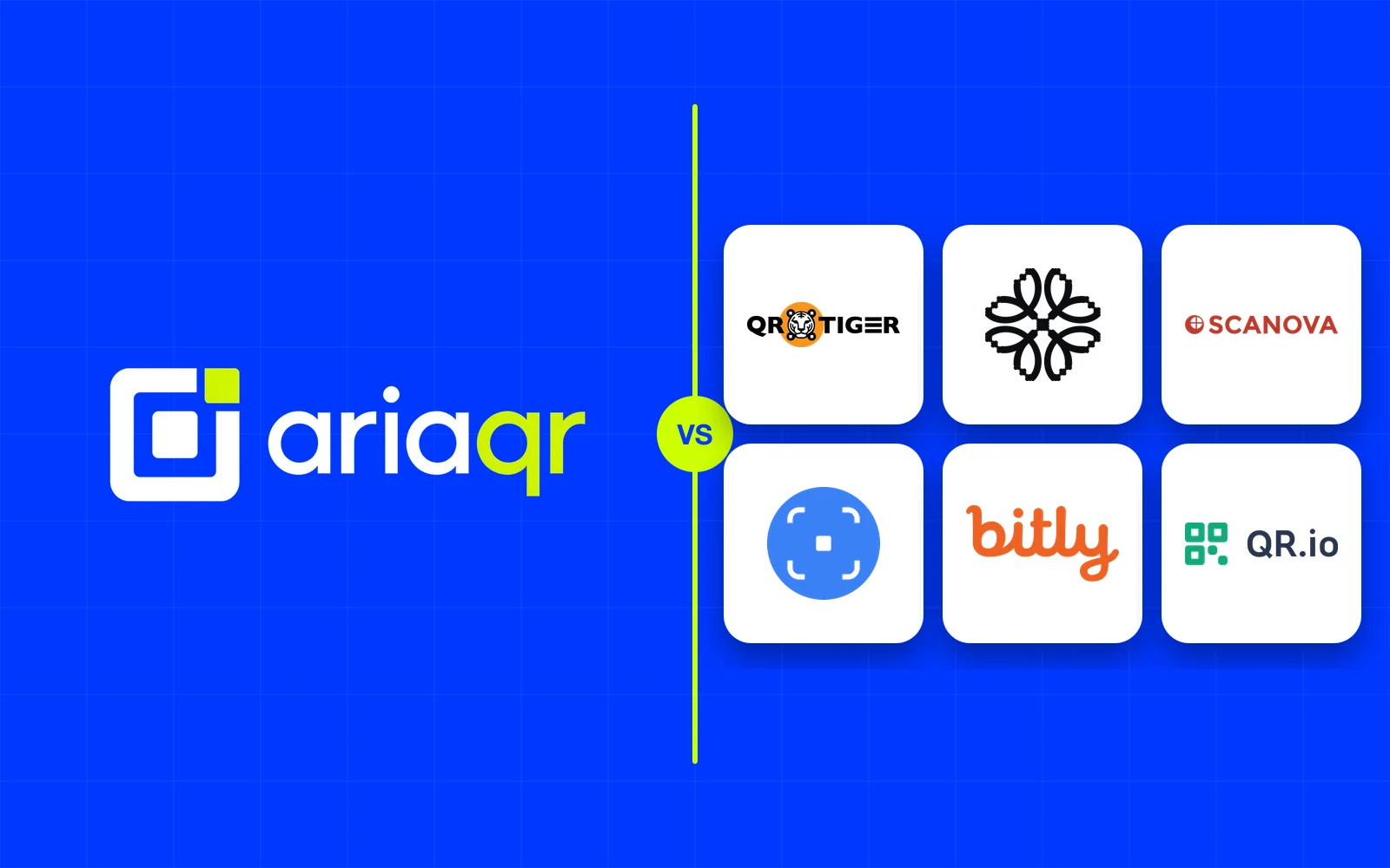 The AriaQR logo beside a grid of six competitor logos (QR TIGER, Uniqode, Scanova, Hovercode, Bitly and QR.io) on cobalt, separated by a lime line.