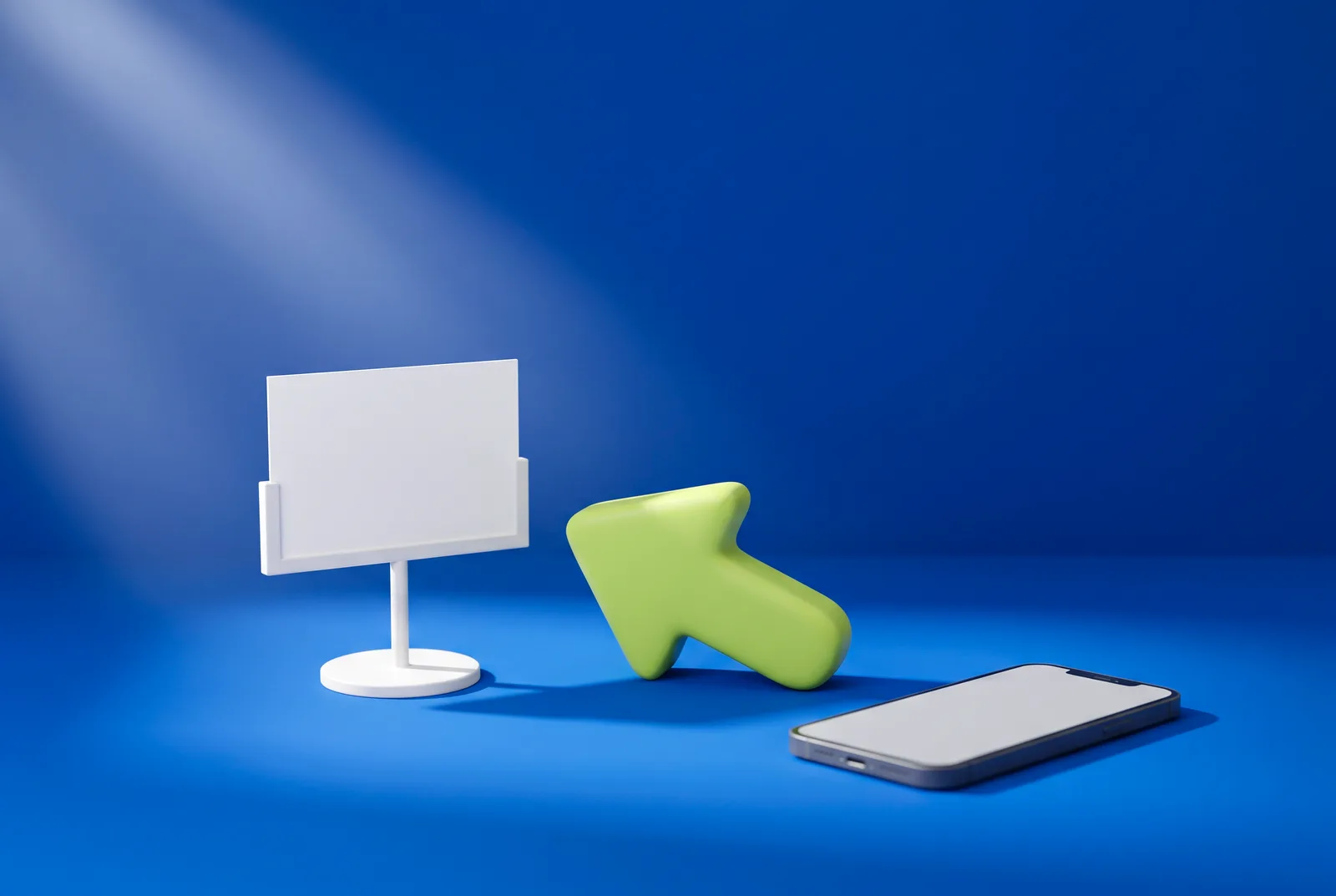 A blank white card in a tabletop stand with a lime-green arrow pointing at it on cobalt blue, the spot for a QR code call to action.