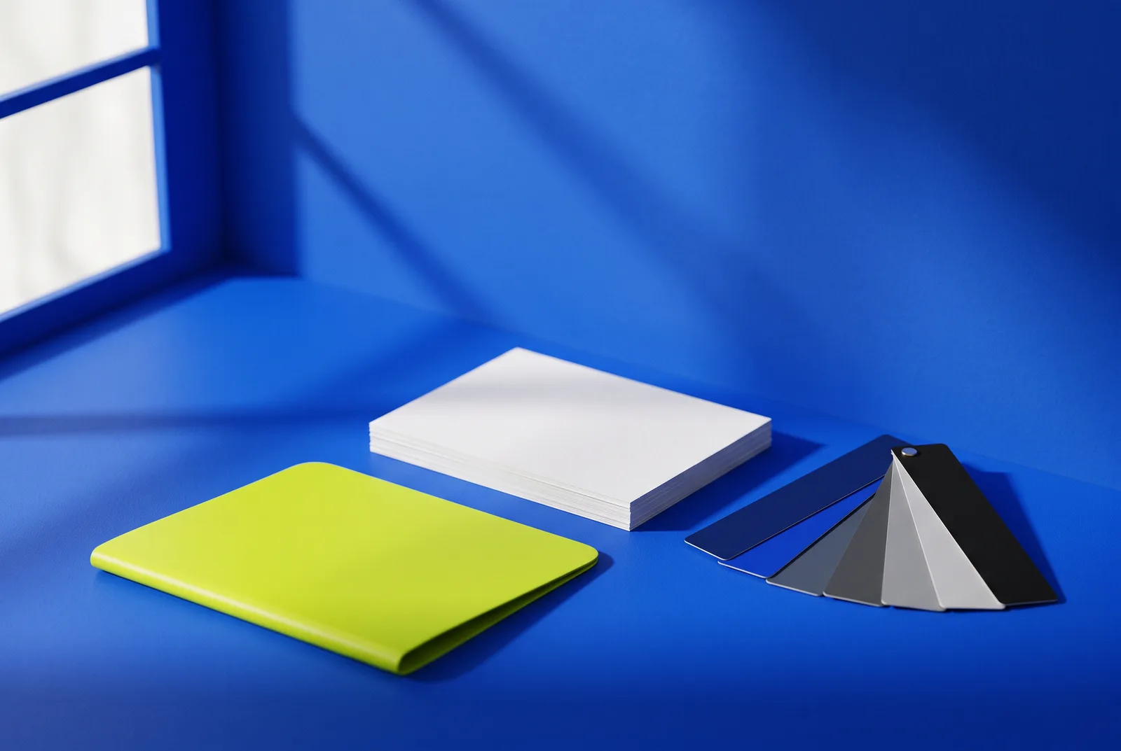 QR code file format for print: a stack of white paper, a printer's swatch fan in blues and grays and a lime folder on a cobalt blue backdrop.