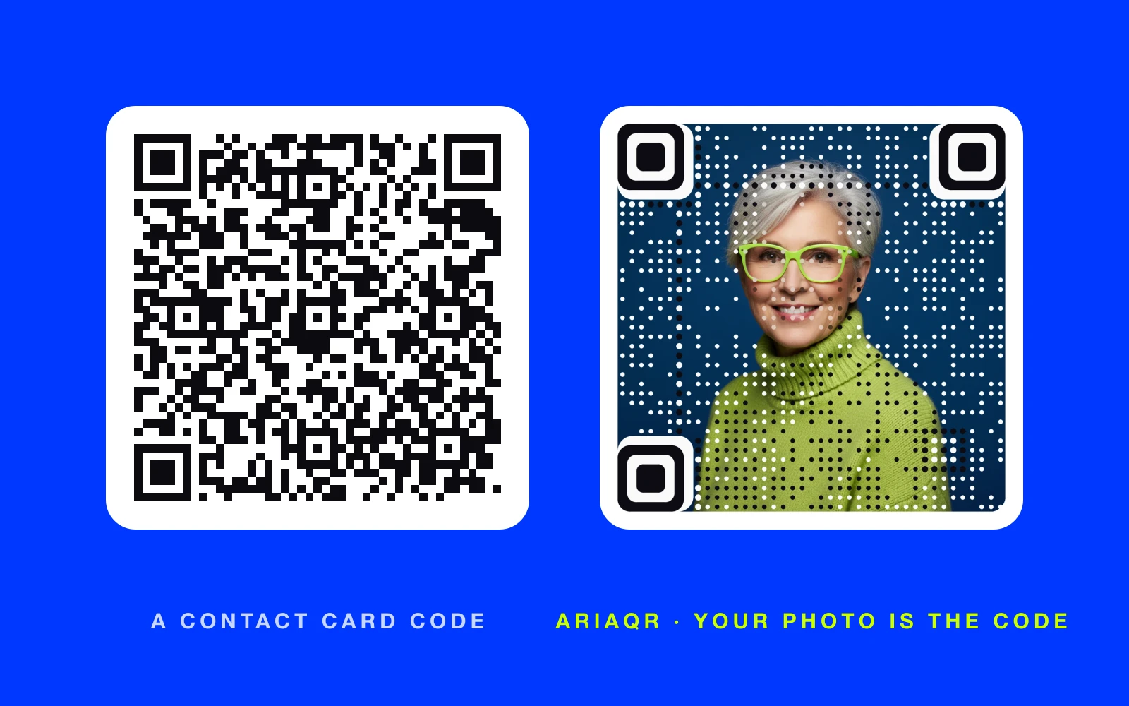 A plain contact-card QR code next to an AriaQR code made from a headshot of a smiling woman in green glasses, both on white cards against a blue background.