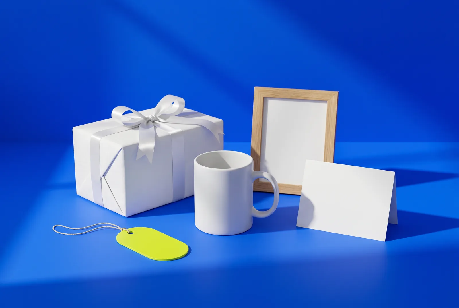QR code gift ideas start here: a ribboned gift box, a mug, an empty frame, a blank card and a lime gift tag on cobalt blue.