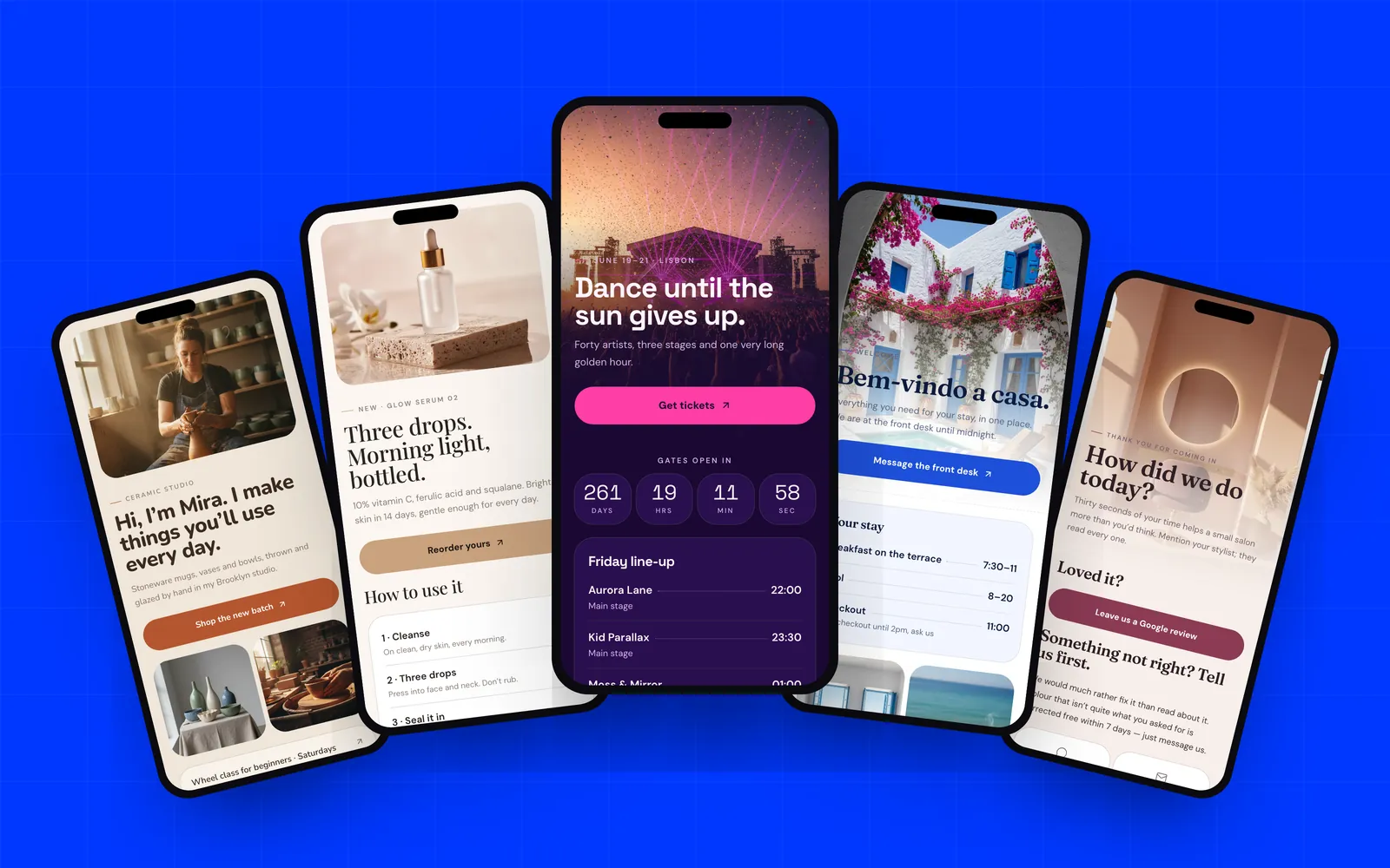 Five real landing-page templates fanned out on phones on cobalt.