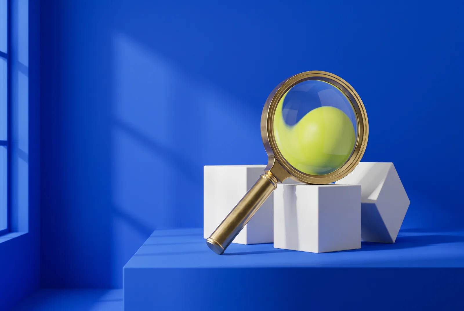 A brass magnifying glass leaning on white cubes, one toppled, with a lime sphere seen through the lens, a nod to QR code myths under scrutiny.