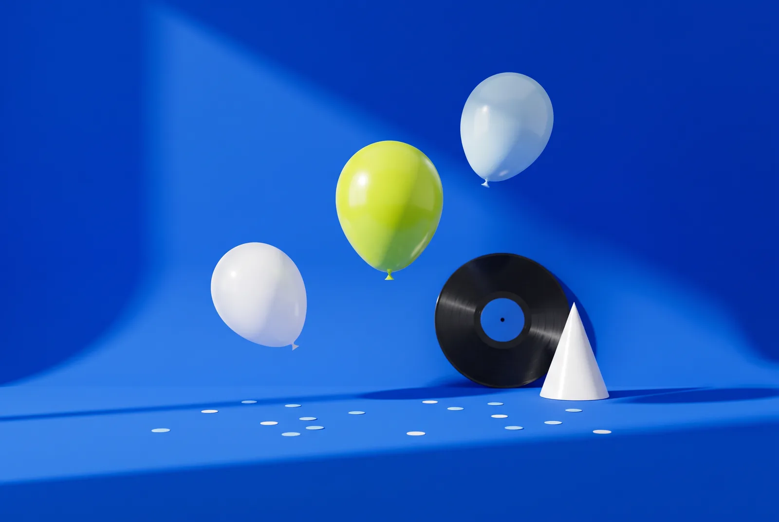QR code party ideas, set up: floating balloons, a vinyl record, a party hat and confetti on cobalt blue, with one lime balloon.
