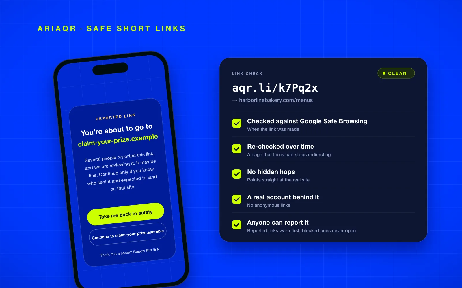 A phone showing the aqr.li warning page for a reported link, beside a link check card for a clean aqr.li link that lists its safety checks.