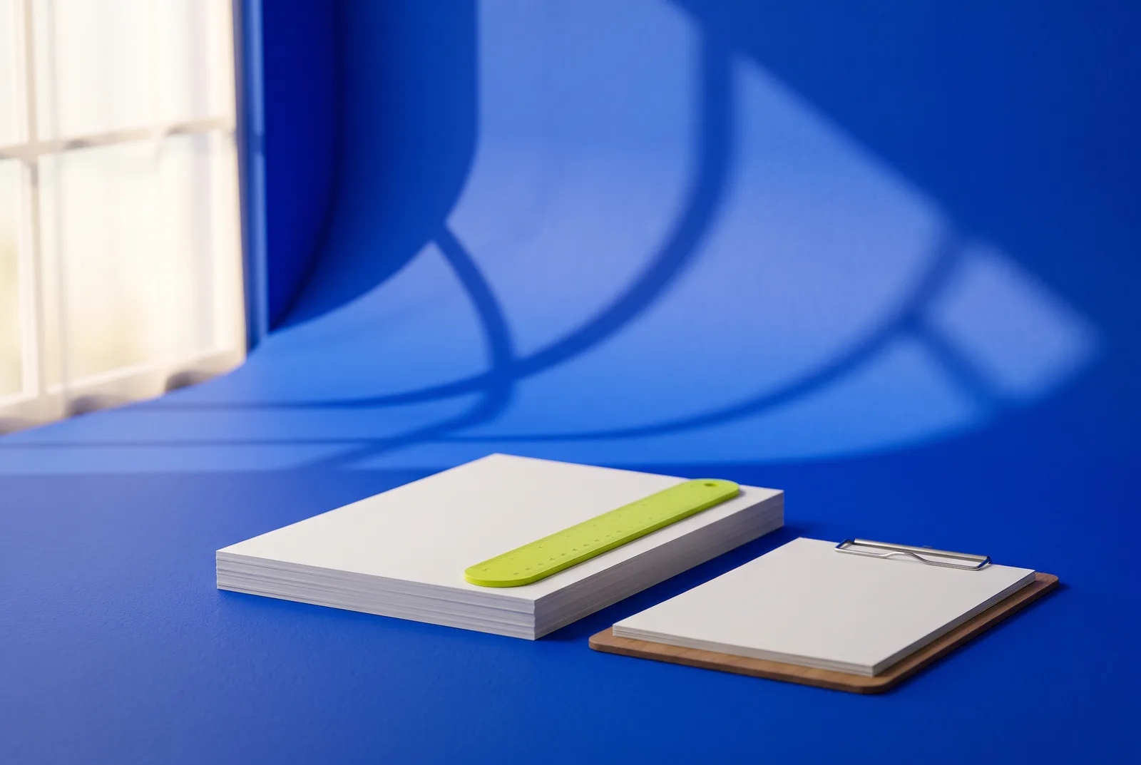 QR code print checklist: a stack of paper proofs, a clipboard with blank paper and a lime ruler on a cobalt blue backdrop in window light.