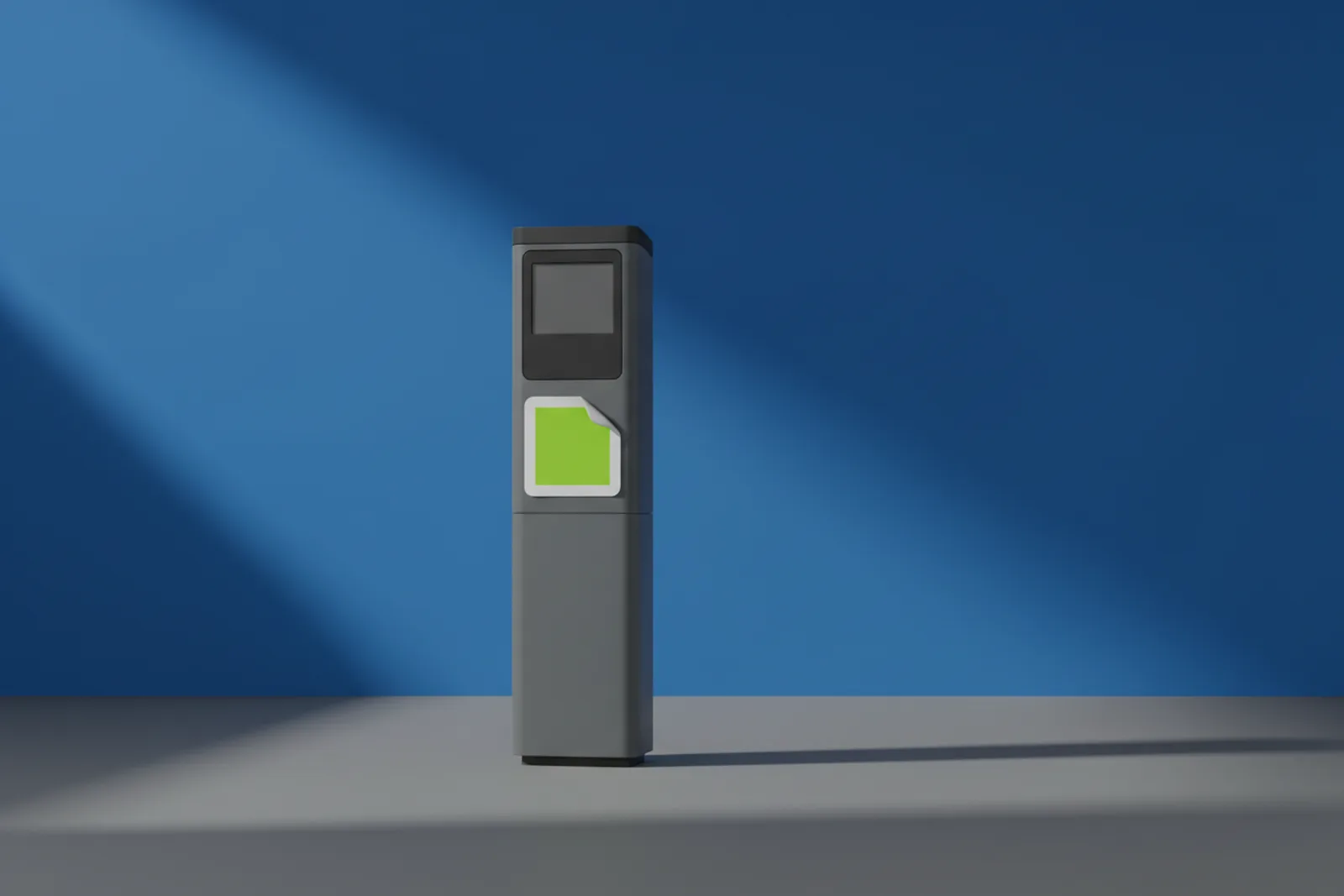 A parking meter on a blue studio floor with a white square sticker peeling up at one corner to reveal the printed panel underneath.