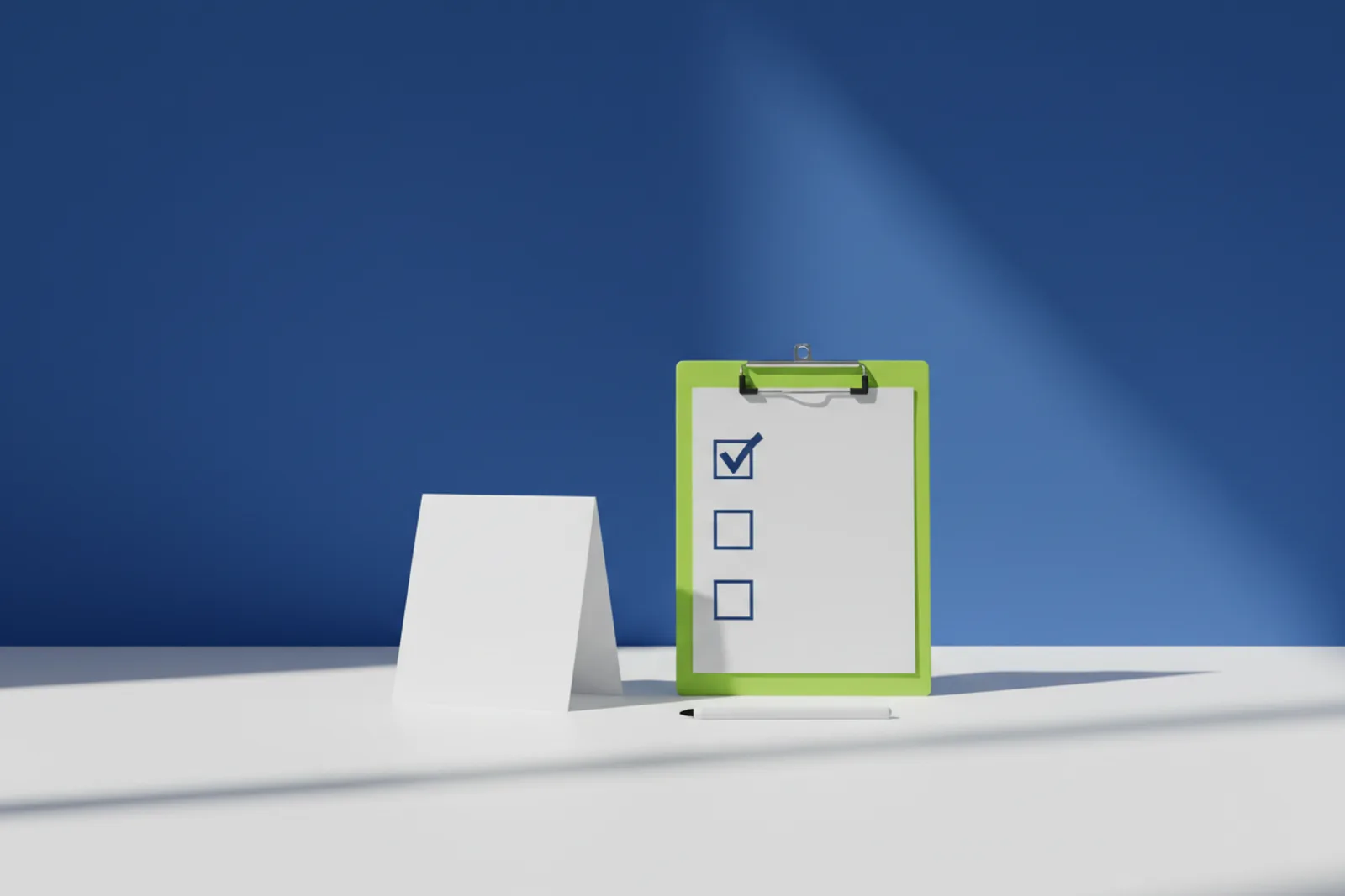 A blank white table tent card beside a lime green clipboard holding a checklist with one box ticked, on a blue studio floor.