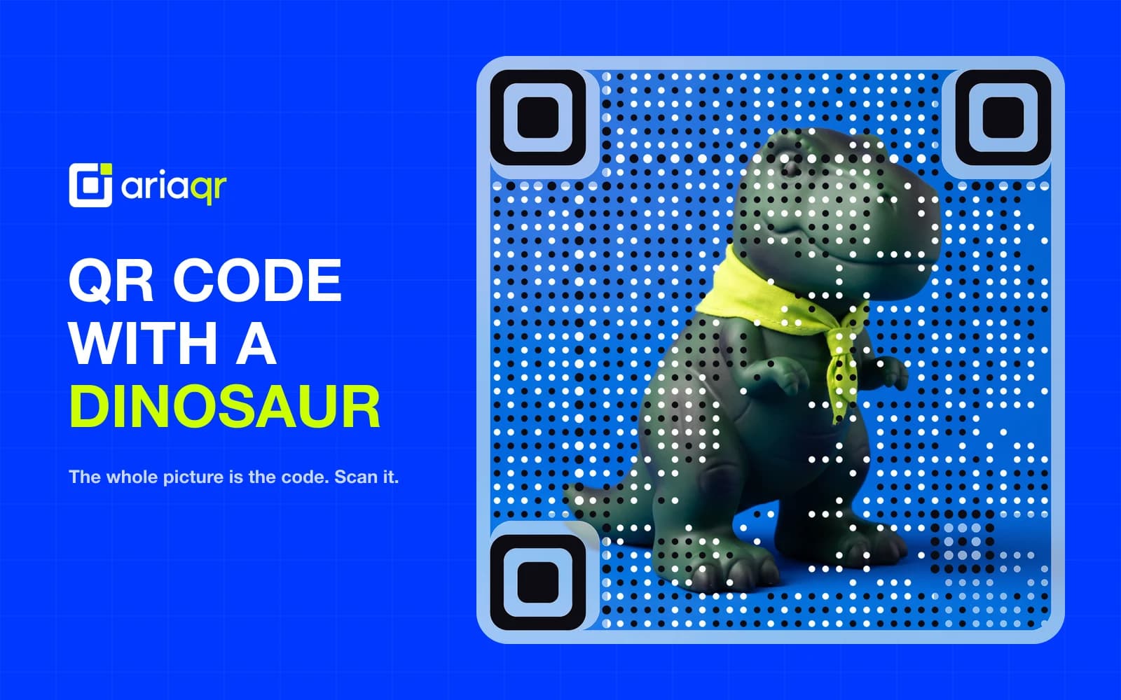 A real AriaQR code made from a picture of a green toy T-rex in a lime scarf on cobalt blue, beside the words "QR code with a dinosaur". It scans to ariaqr.com.
