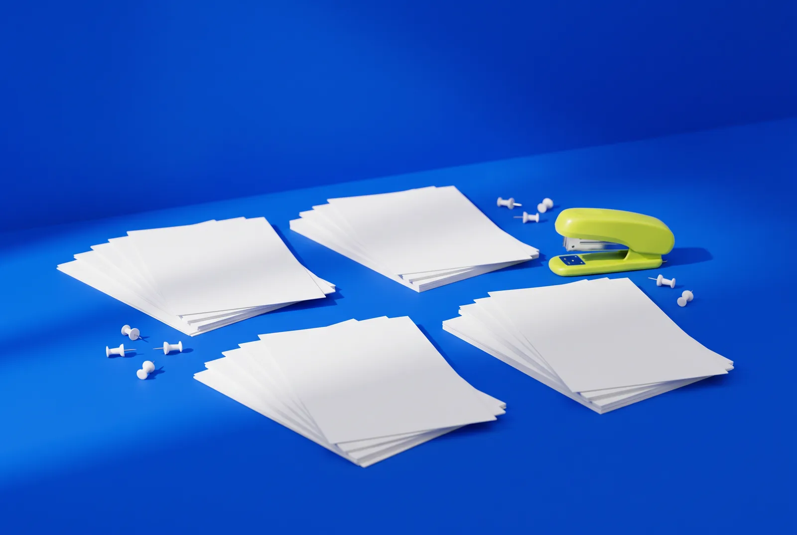 Four neat stacks of blank white flyers with pushpins and a lime stapler on a cobalt blue backdrop, ready for QR codes on flyers, one code per batch.