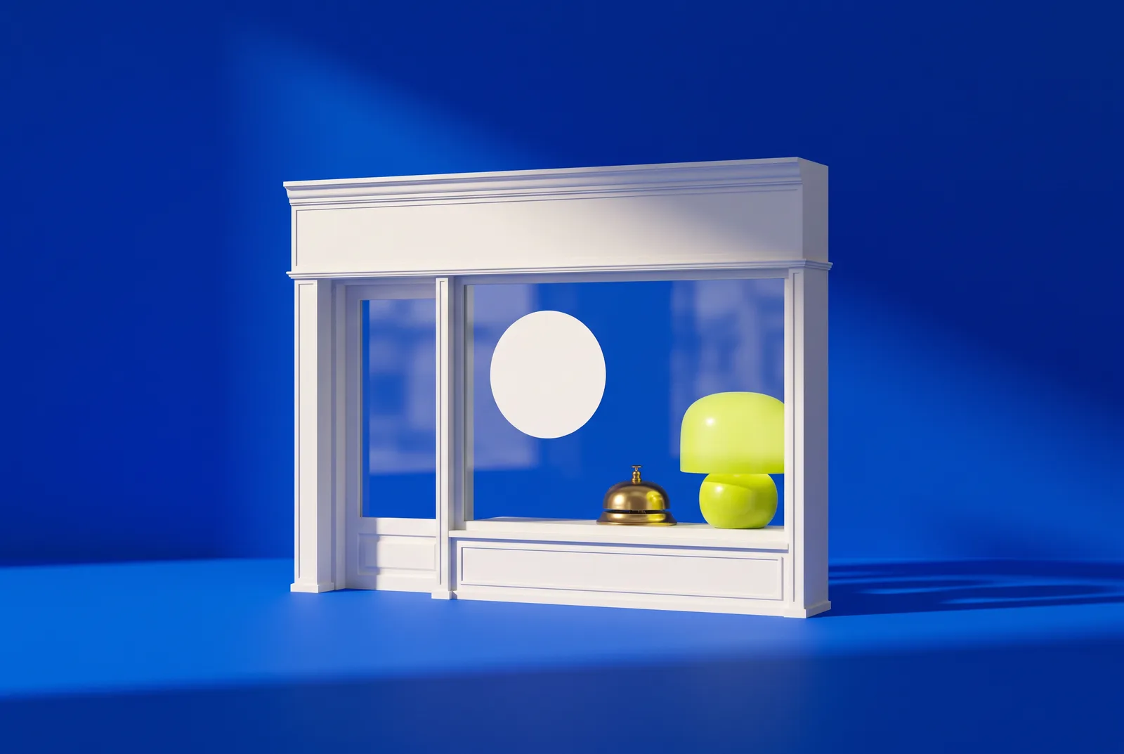 A miniature white shopfront with a round blank decal on the glass and a lime lamp glowing inside, where a shop window QR code would sit after closing.