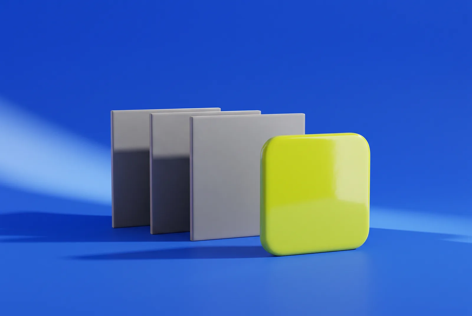 Three plain gray tiles standing behind one glossy lime tile on cobalt blue, a still life about the ugly QR code problem.