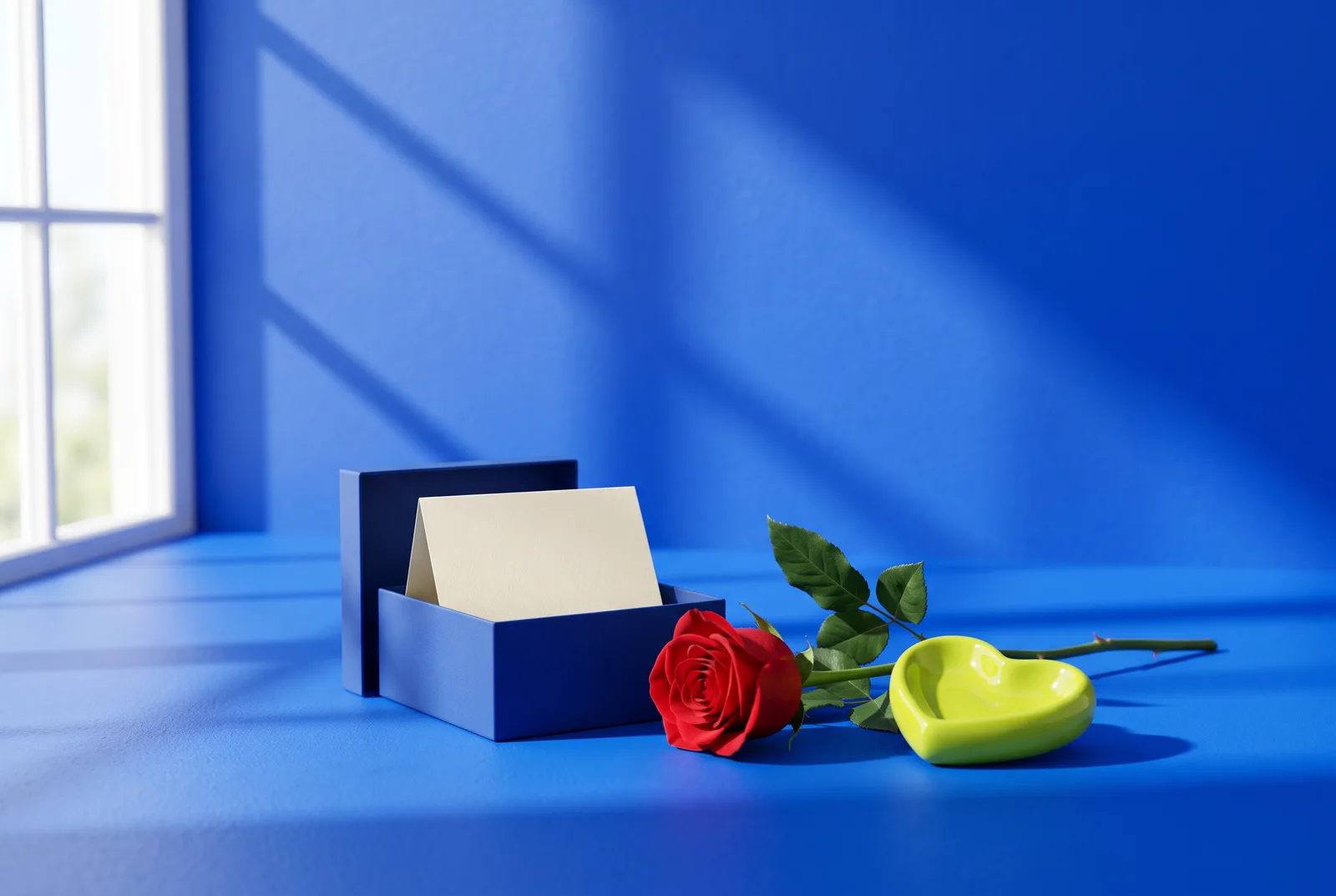 Valentine's Day QR code gift idea: an open gift box with a folded card, a red rose and a lime heart-shaped dish on a cobalt blue backdrop.