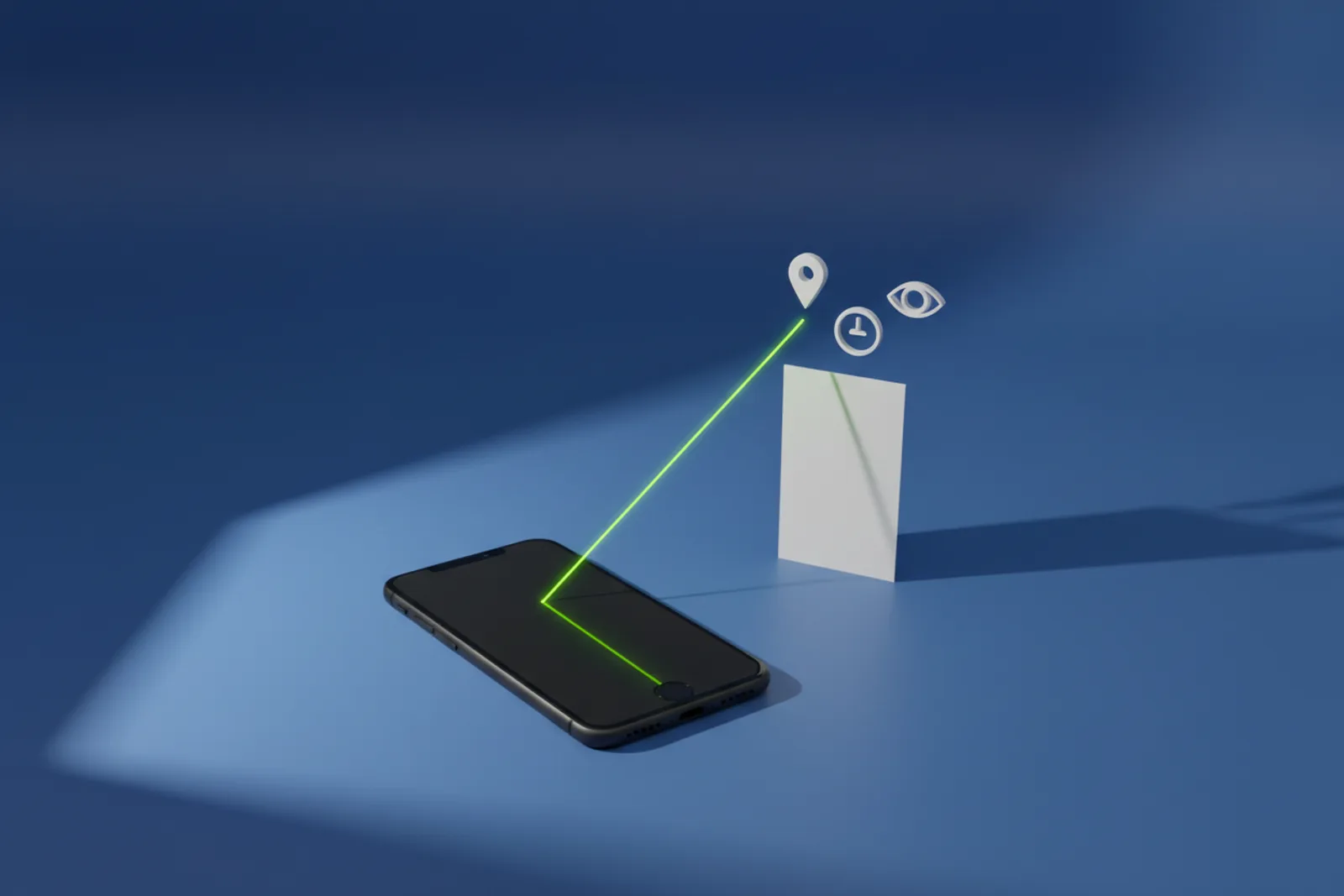 A phone lying on a blue studio floor with a thin green beam rising from it toward a small white card, above which float a map pin, a clock and an eye icon.