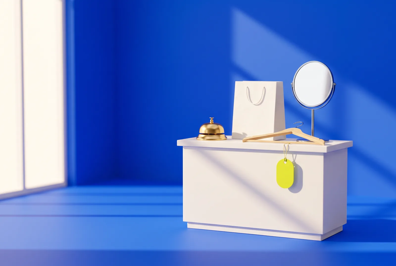 Where a QR code in your shop can live: a white counter with a brass bell, a paper bag, a round mirror, a hanger and a lime hang tag on cobalt blue.