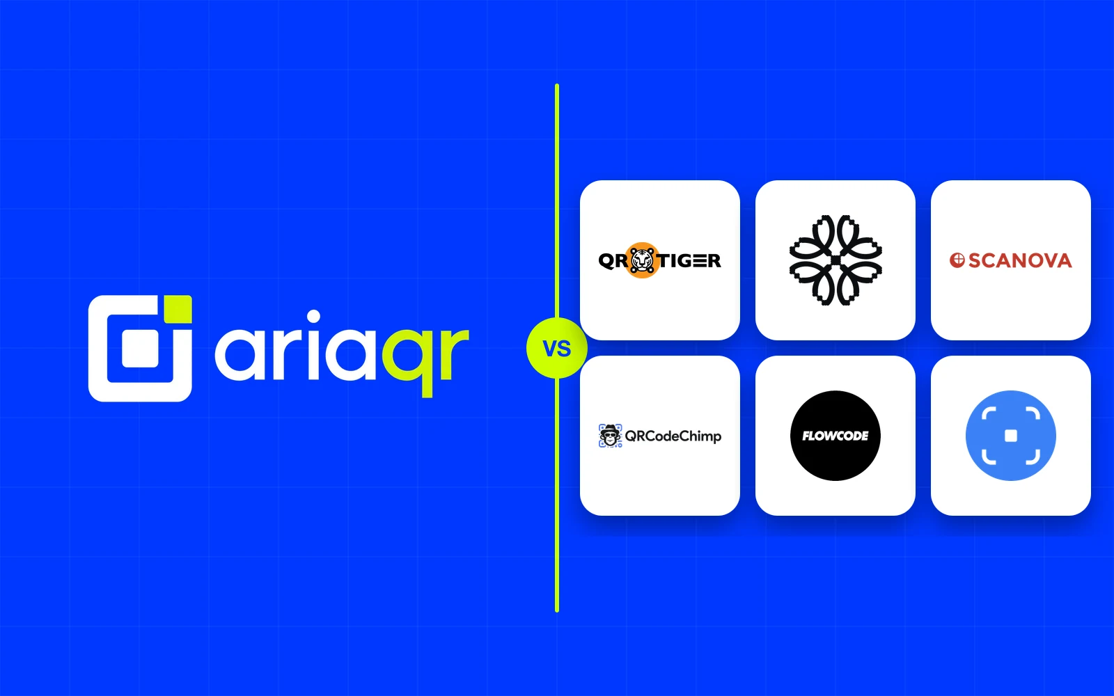 The AriaQR logo beside a grid of six competitor logos (QR TIGER, Uniqode, Scanova, QRCodeChimp, Flowcode and Hovercode) on cobalt, separated by a lime line.
