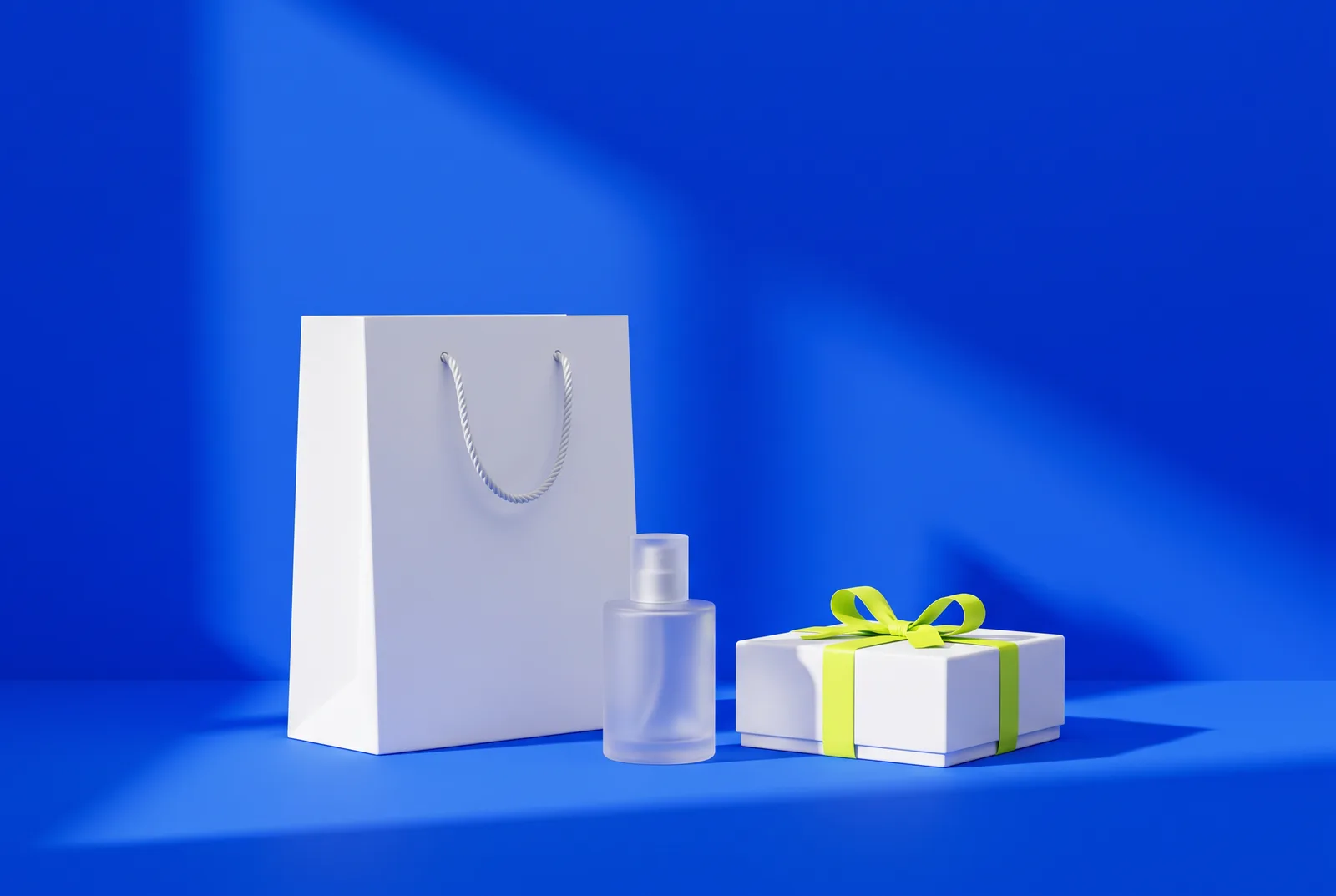 A white shopping bag, a frosted perfume bottle and a box tied with a lime ribbon on cobalt blue, the kind of packaging where brands are ditching plain QR codes.