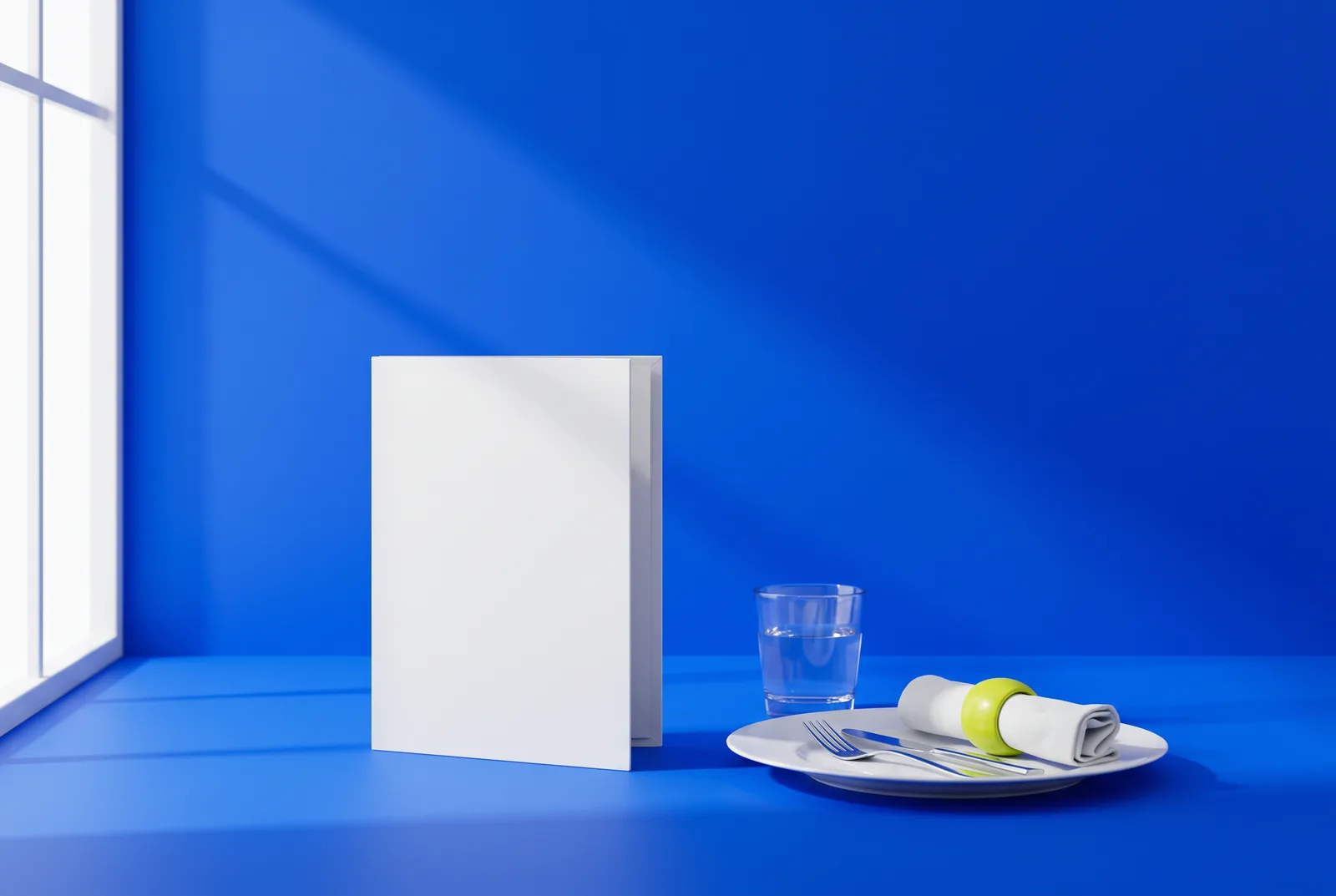 A plain white restaurant menu standing beside a set plate and a lime-green napkin ring on a cobalt blue table, the place a menu QR code usually goes.