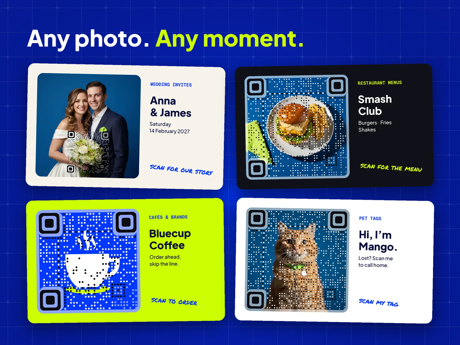 Four designs with picture QR codes: a wedding invitation, a burger menu, a coffee shop logo and a cat's pet tag.