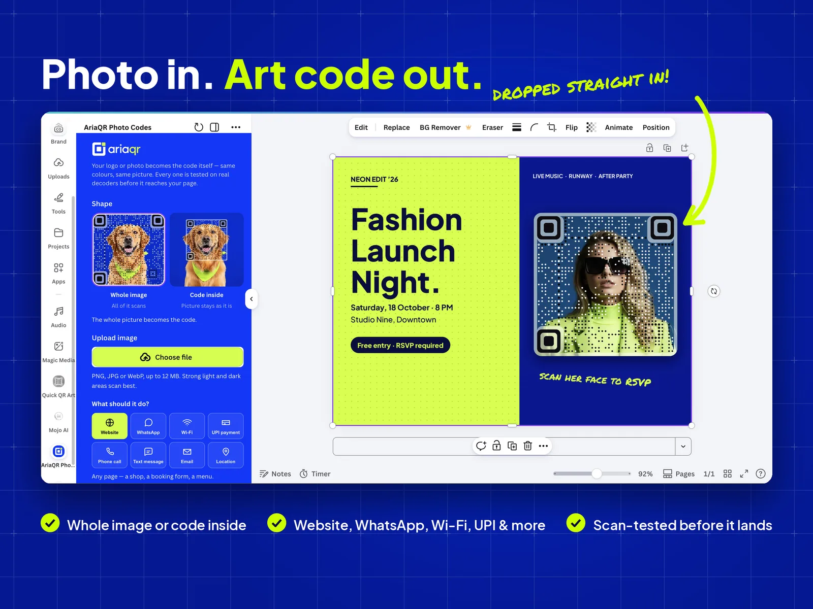 The AriaQR app open in the Canva editor. A fashion launch poster on the page has a QR code made from the model's photo.