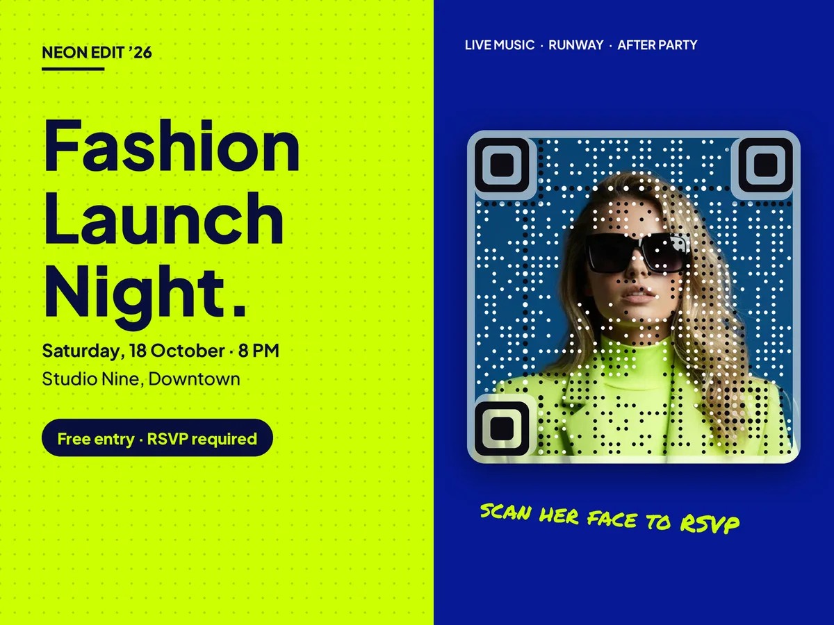 The same poster where the portrait photo has become a scannable QR code.