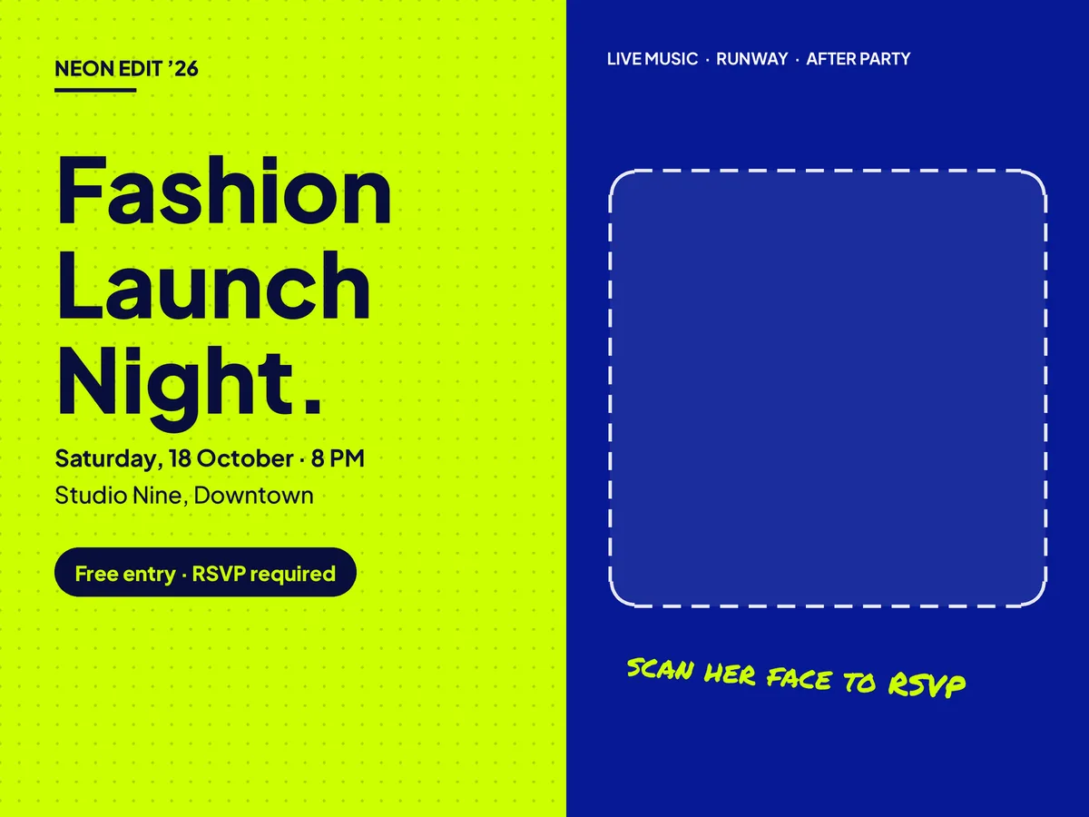 A fashion launch poster in Canva with a portrait photo and no QR code.