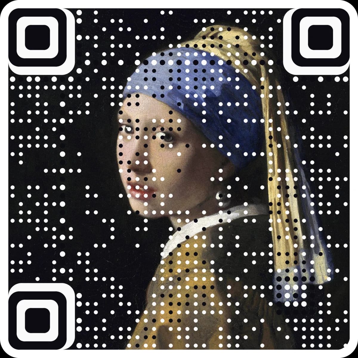 Girl with a Pearl Earring recreated as a scannable QR code, made with AriaQR