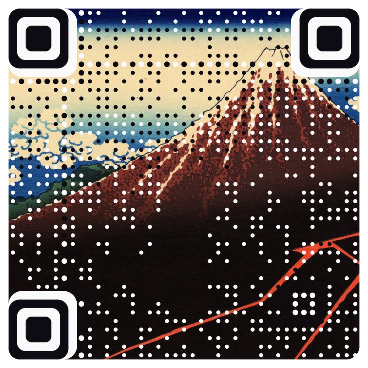 Tormenta de Hokusai como código QR artístico escaneable, hecho con AriaQR