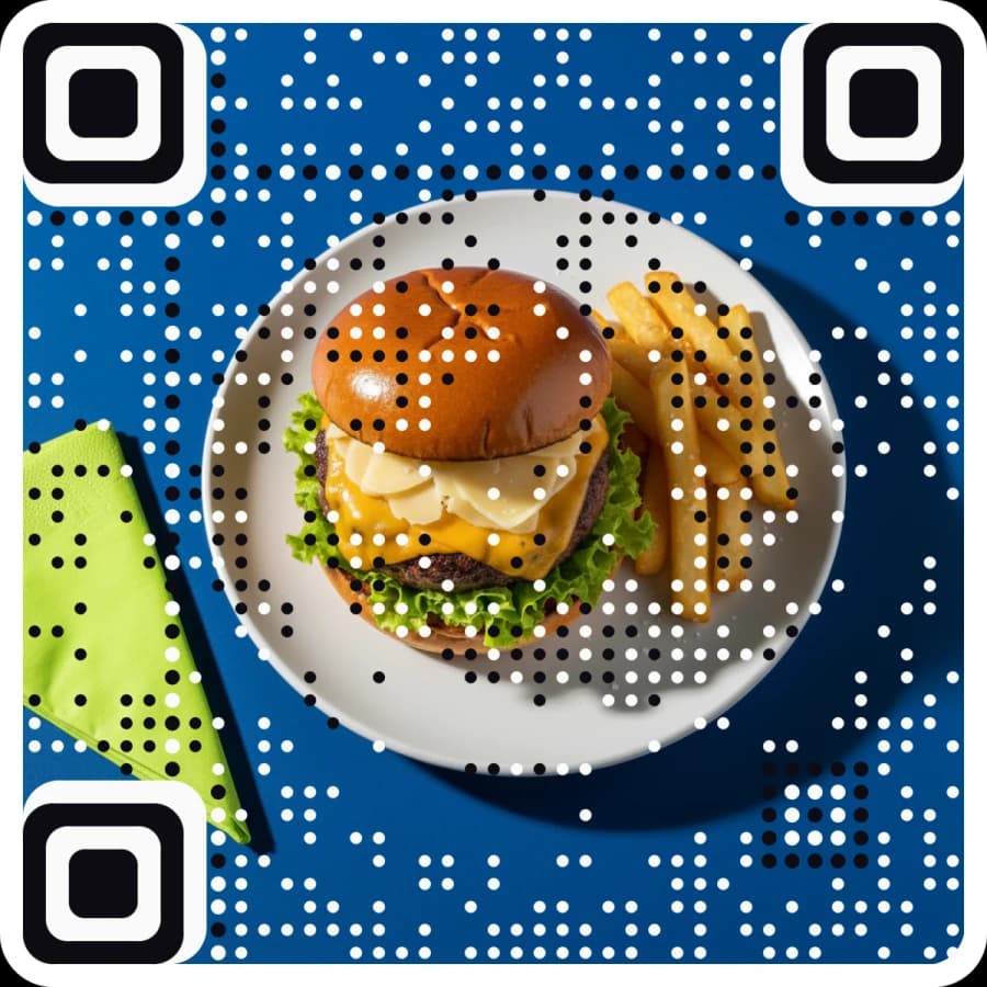 A real AriaQR GS1 product code: a burger photo that is itself a QR code carrying a GS1 Digital Link with GTIN 09506000134352.