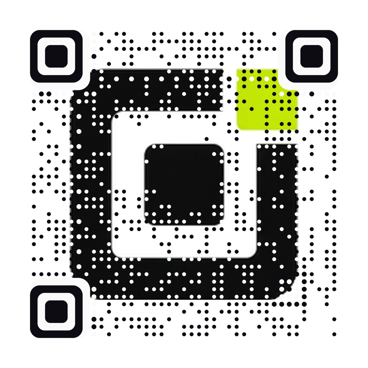 A QR code made from the AriaQR mark: the black bracket and lime square of the logo form the code. It opens this page.