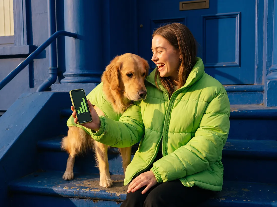 A woman in a lime jacket and a golden retriever on cobalt steps, laughing at a bar chart of taps on her phone